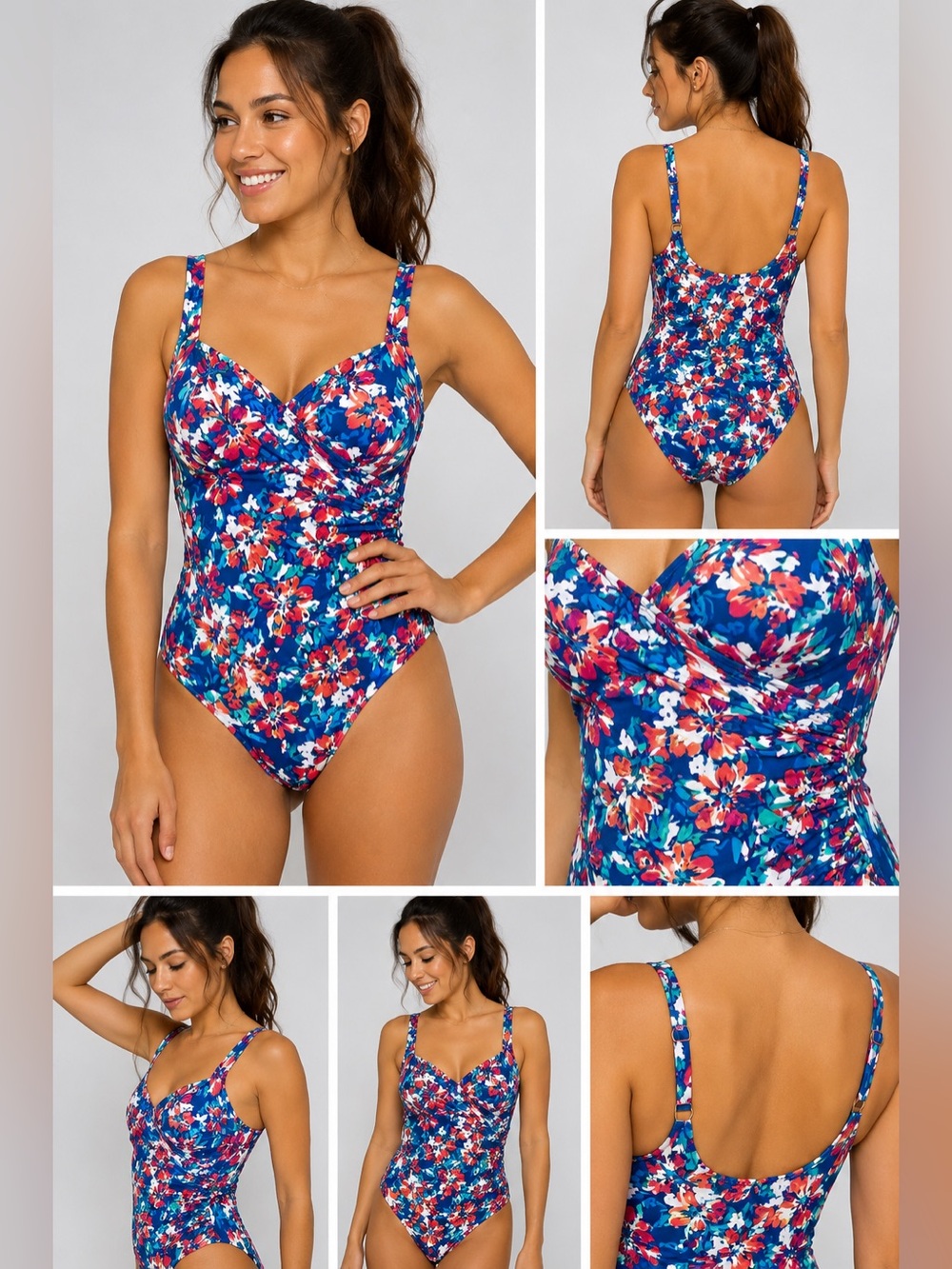 Jantzen Size 12 Floral One Piece Swimsuit Blue Multicolor Ruched Swimwear